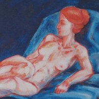 Acrylgemälde einer liegenden Frau in kräftigen in Rot- und Blautönen 